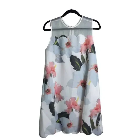 TED BAKER Caprila Bloom Scalloped Dress White Pink Blue Floral A Line Shift 4 (U - Picture 1 of 10